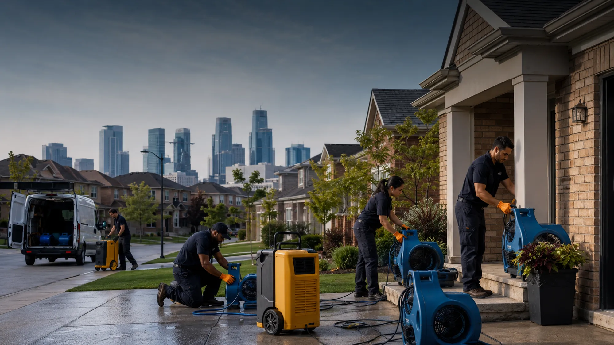 Restoration crew working at a suburban property in Mississauga, Ontario