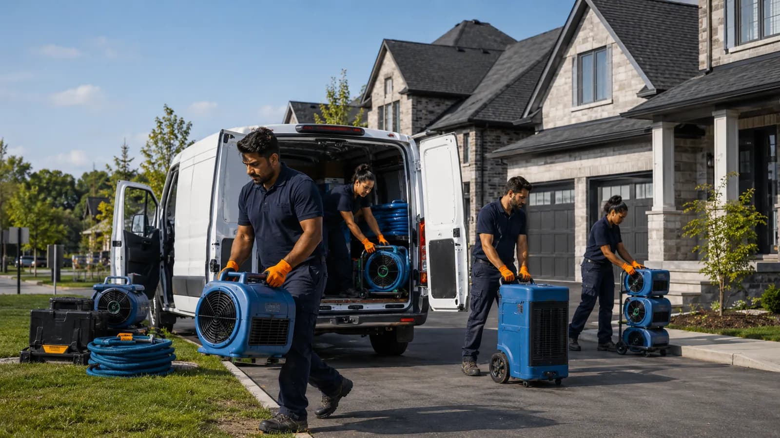 Restoration crew unloading equipment from a van at a Greater Toronto Area home
