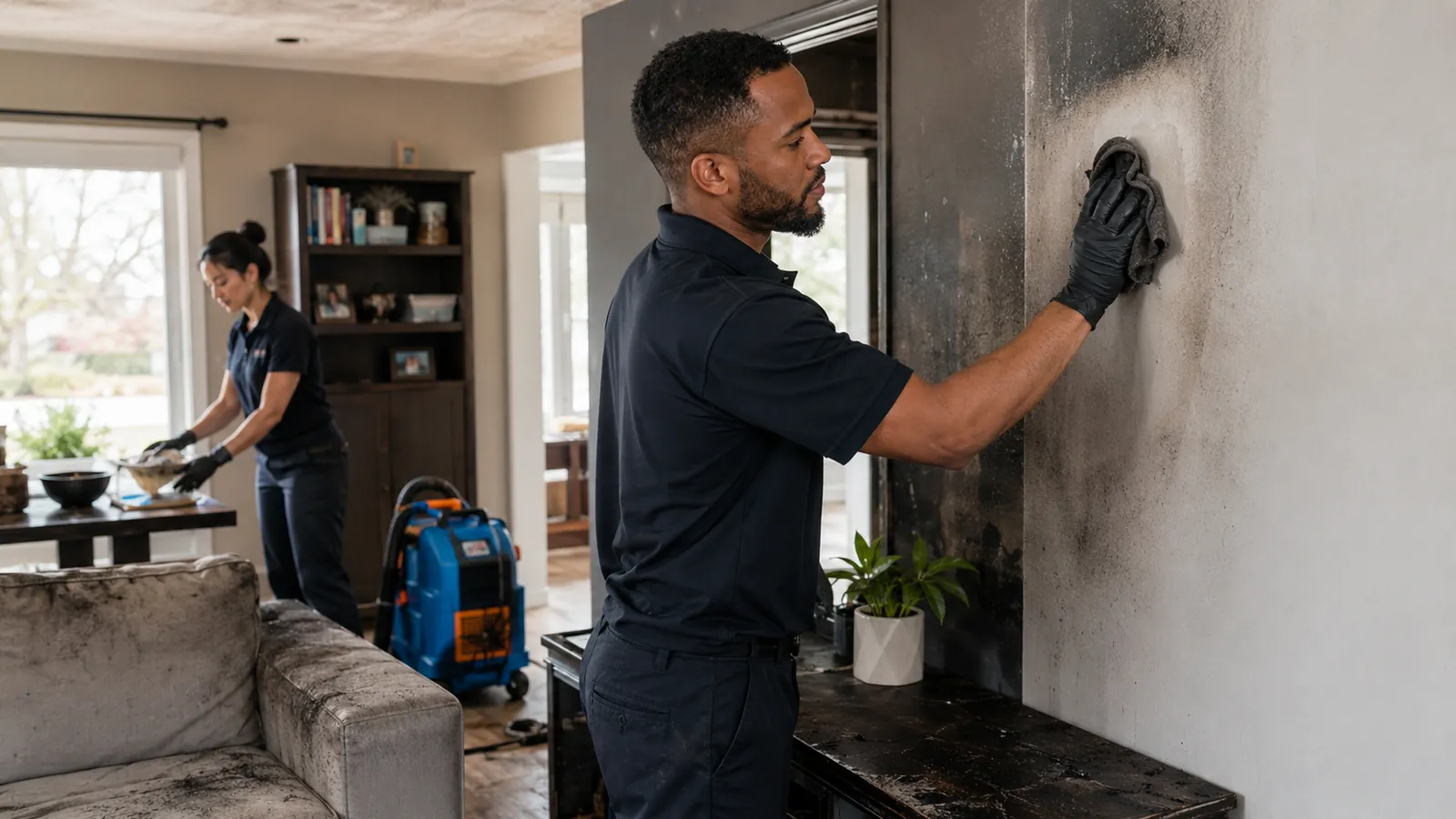 Technician cleaning soot from walls and contents after a house fire