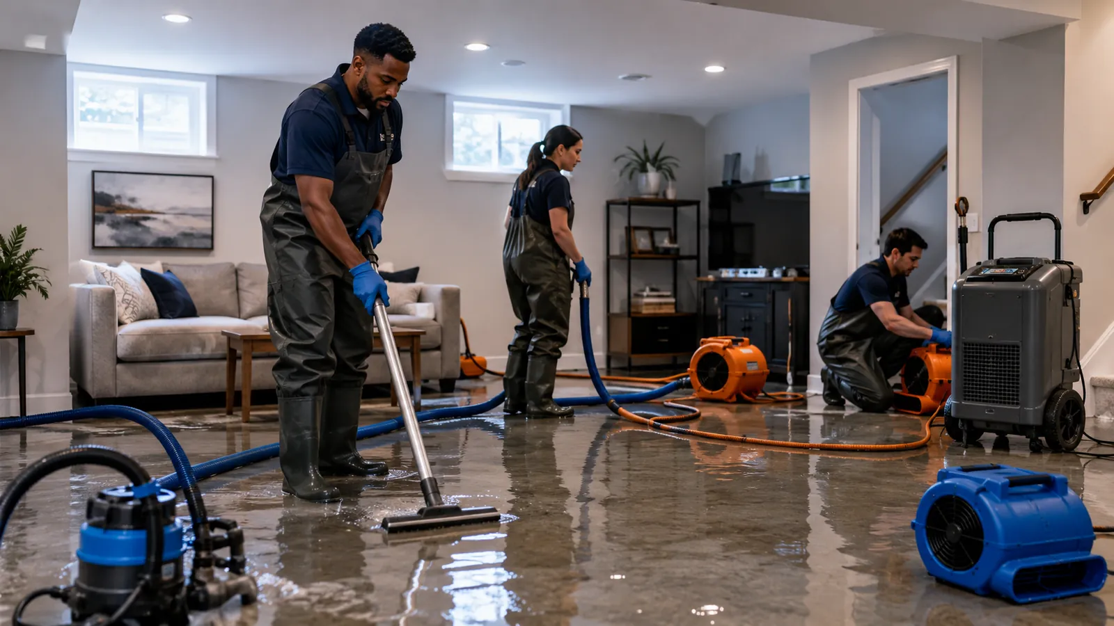 Restoration crew beginning cleanup in a partially flooded finished basement