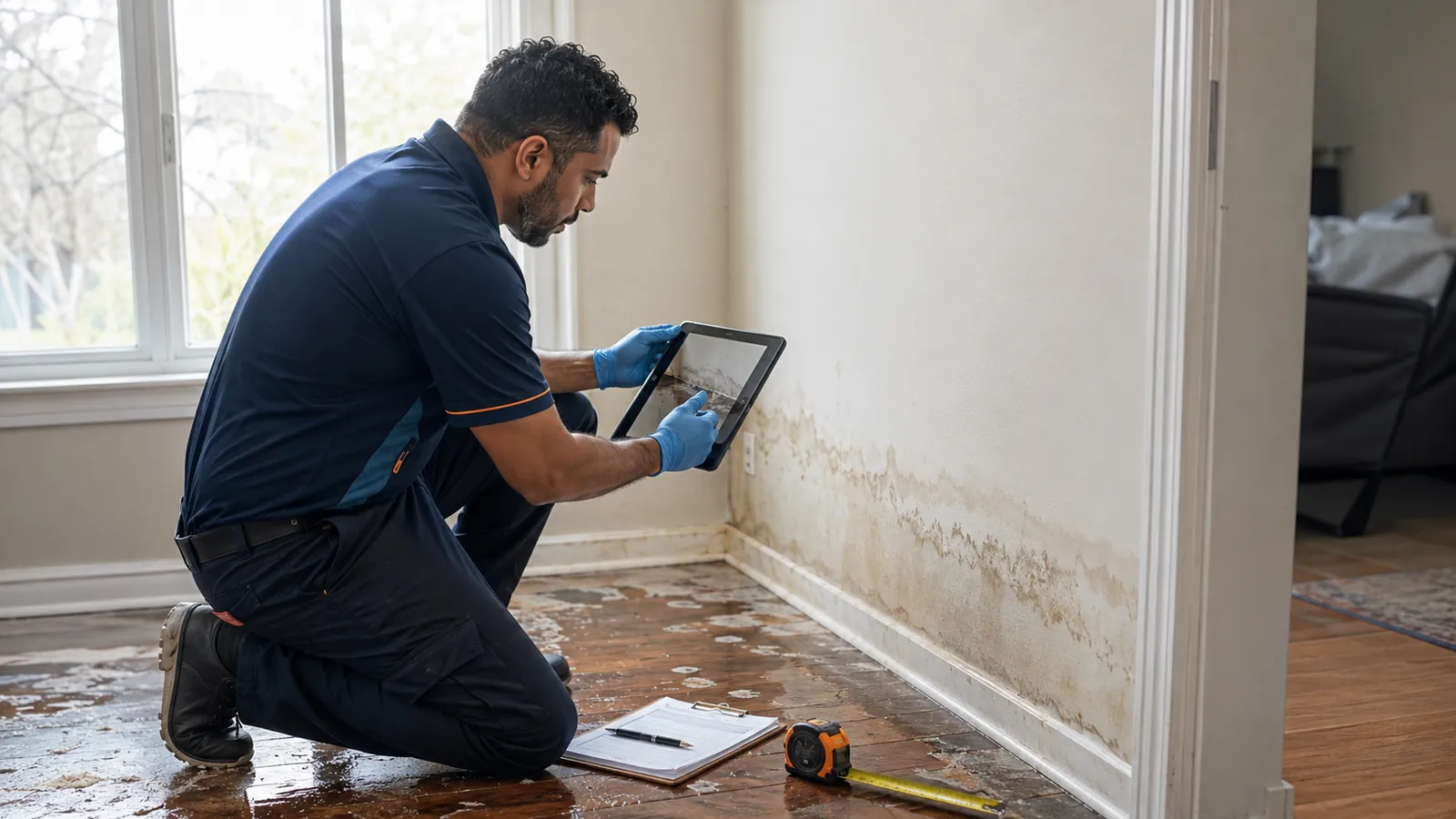 Technician photographing and measuring damage on a tablet for an insurance claim