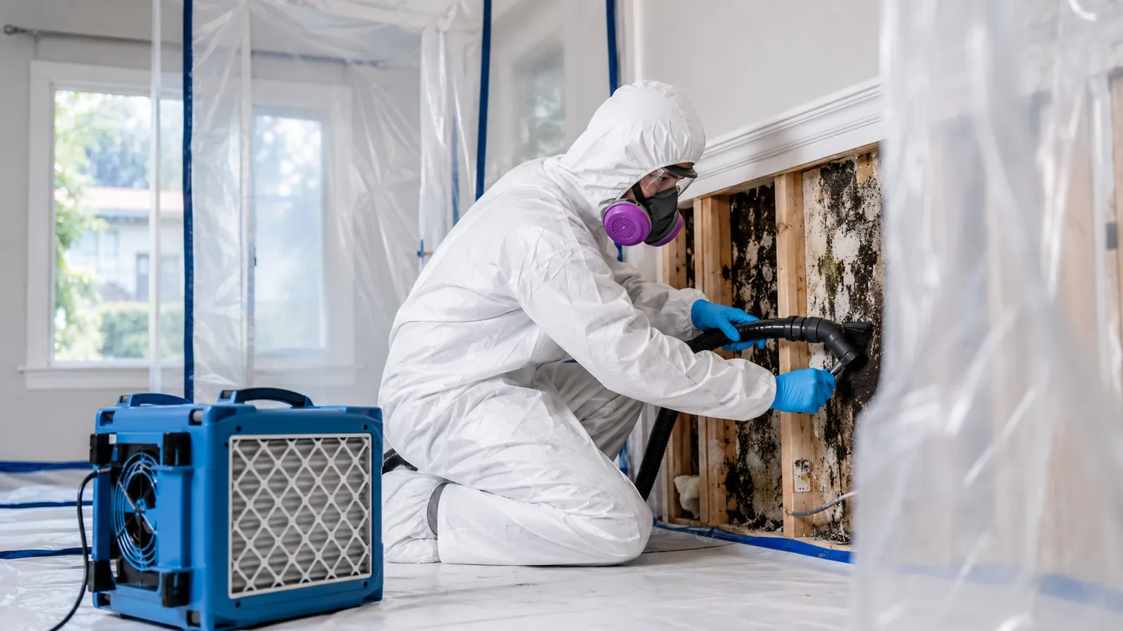 Worker in protective equipment removing mould inside a sealed containment zone with a HEPA air scrubber