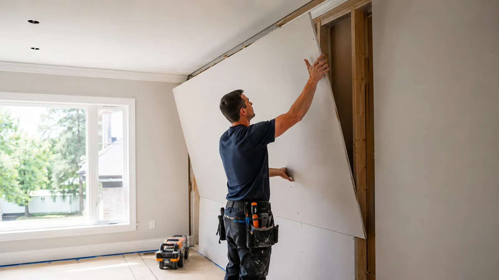 Carpenter hanging new drywall while rebuilding a room after restoration