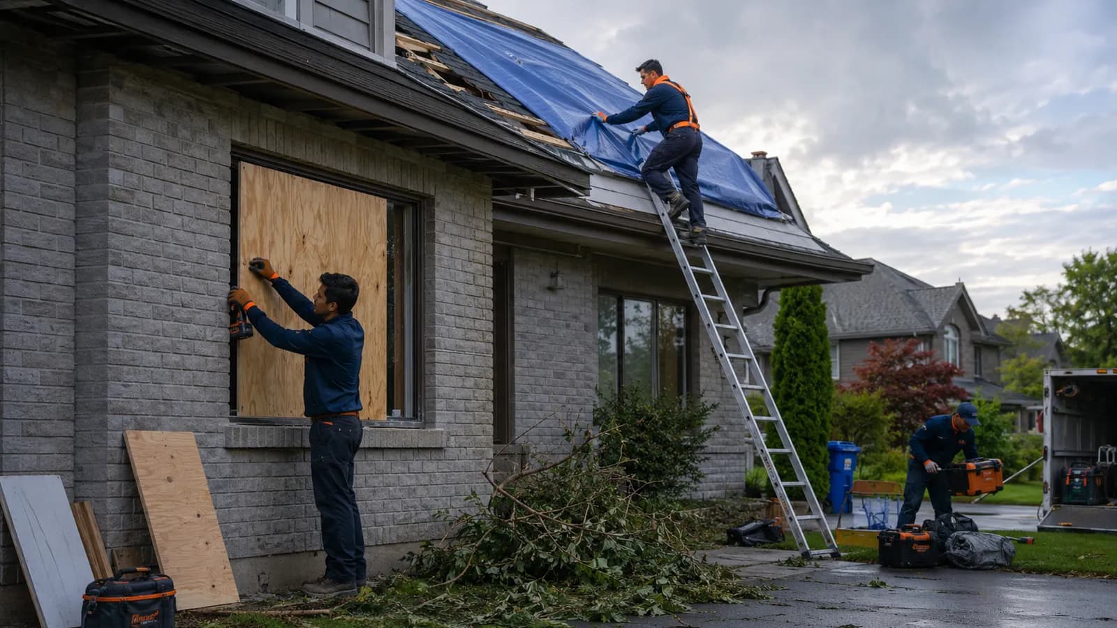 Restoration crew boarding up a broken window and tarping after storm damage