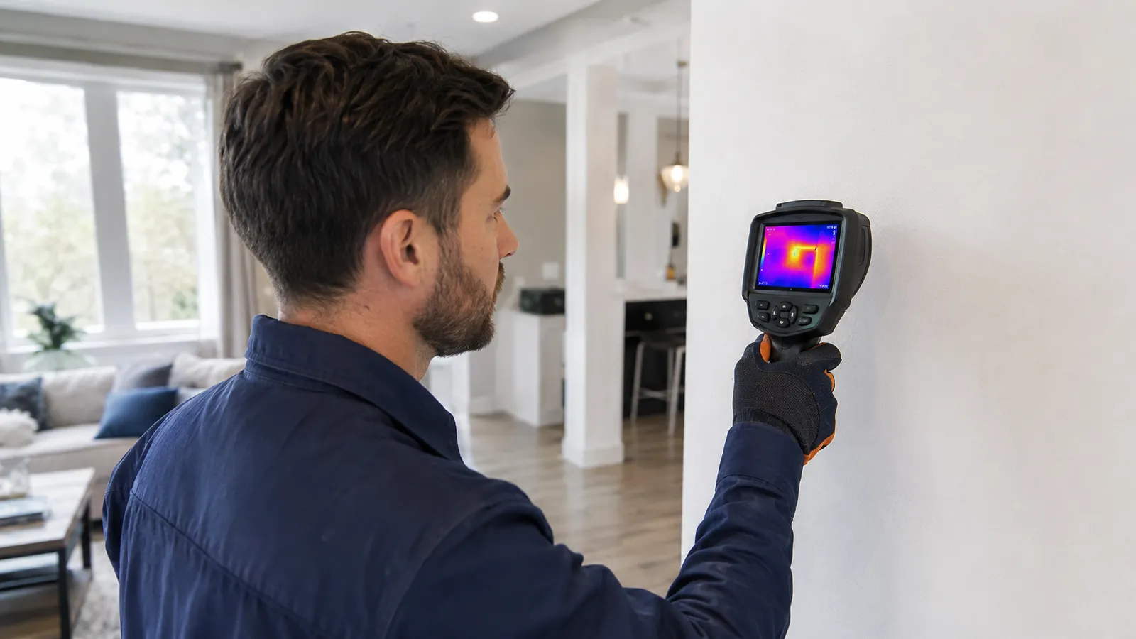 Technician using a thermal imaging camera to find hidden moisture behind a wall