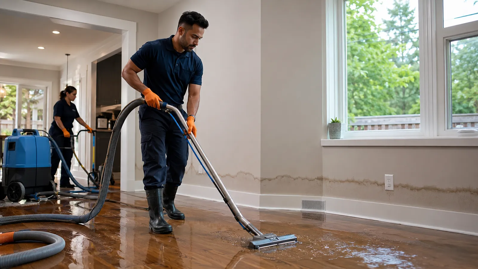 Restoration technician using a portable extractor to pull standing water from a flooded floor